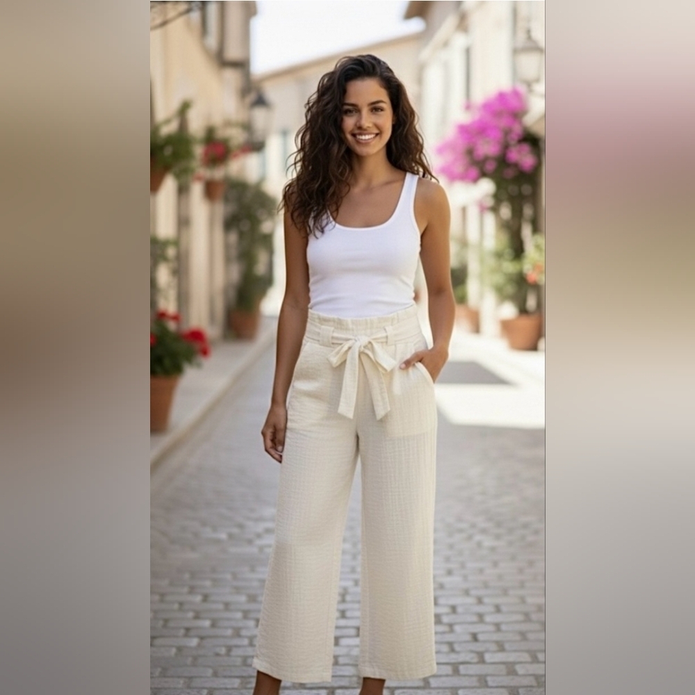 New Sincerely Jules Cream Cotton Gauze Cropped Paperbag Pants Size Small